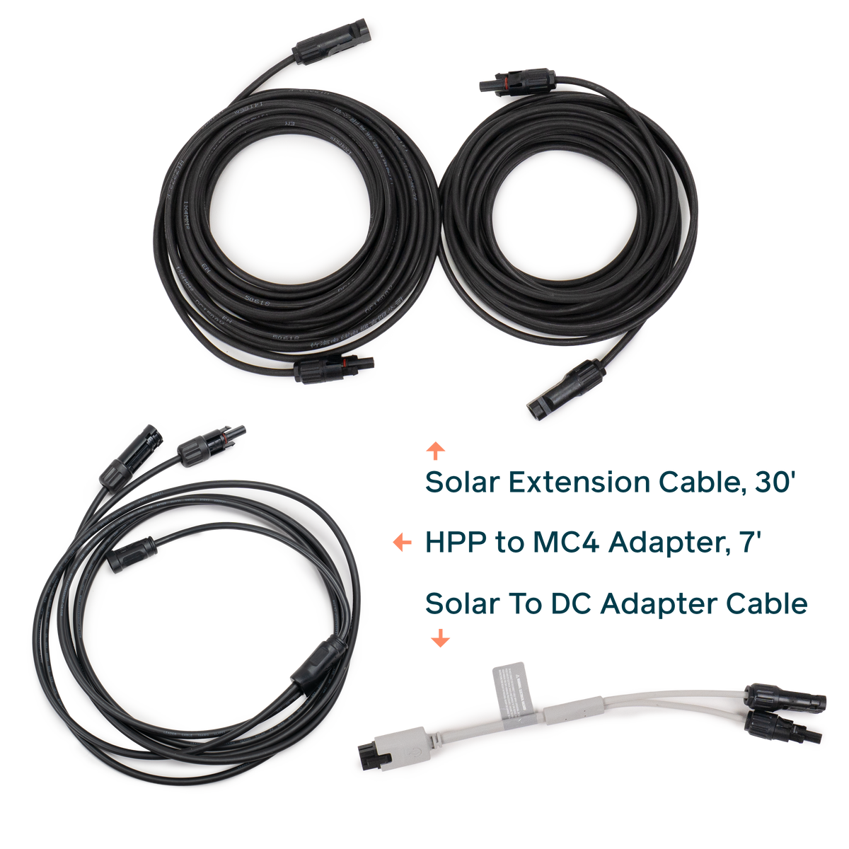 Solar extension cable kit, including two long black solar extension cables, a black HPP to MC4 adapter cable, a black solar to DC adapter cable, and a smaller gray and black connector cable. Text labels identify the components.