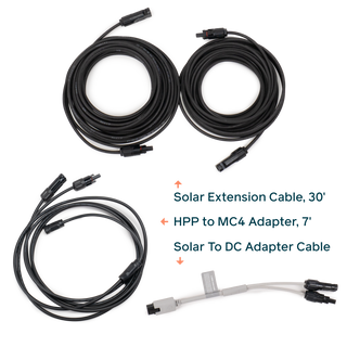 Solar extension cable kit, including two long black solar extension cables, a black HPP to MC4 adapter cable, a black solar to DC adapter cable, and a smaller gray and black connector cable. Text labels identify the components.