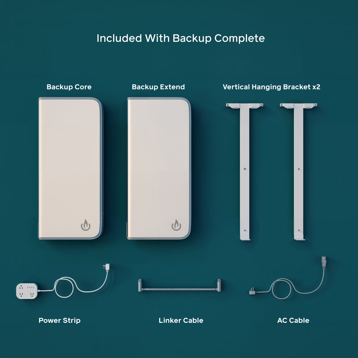 Backup Complete contents: Backup Core (power station), Backup Extend (battery extension), two vertical hanging brackets, power strip, linker cable and AC cable