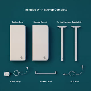 Backup Complete contents: Backup Core (power station), Backup Extend (battery extension), two vertical hanging brackets, power strip, linker cable and AC cable