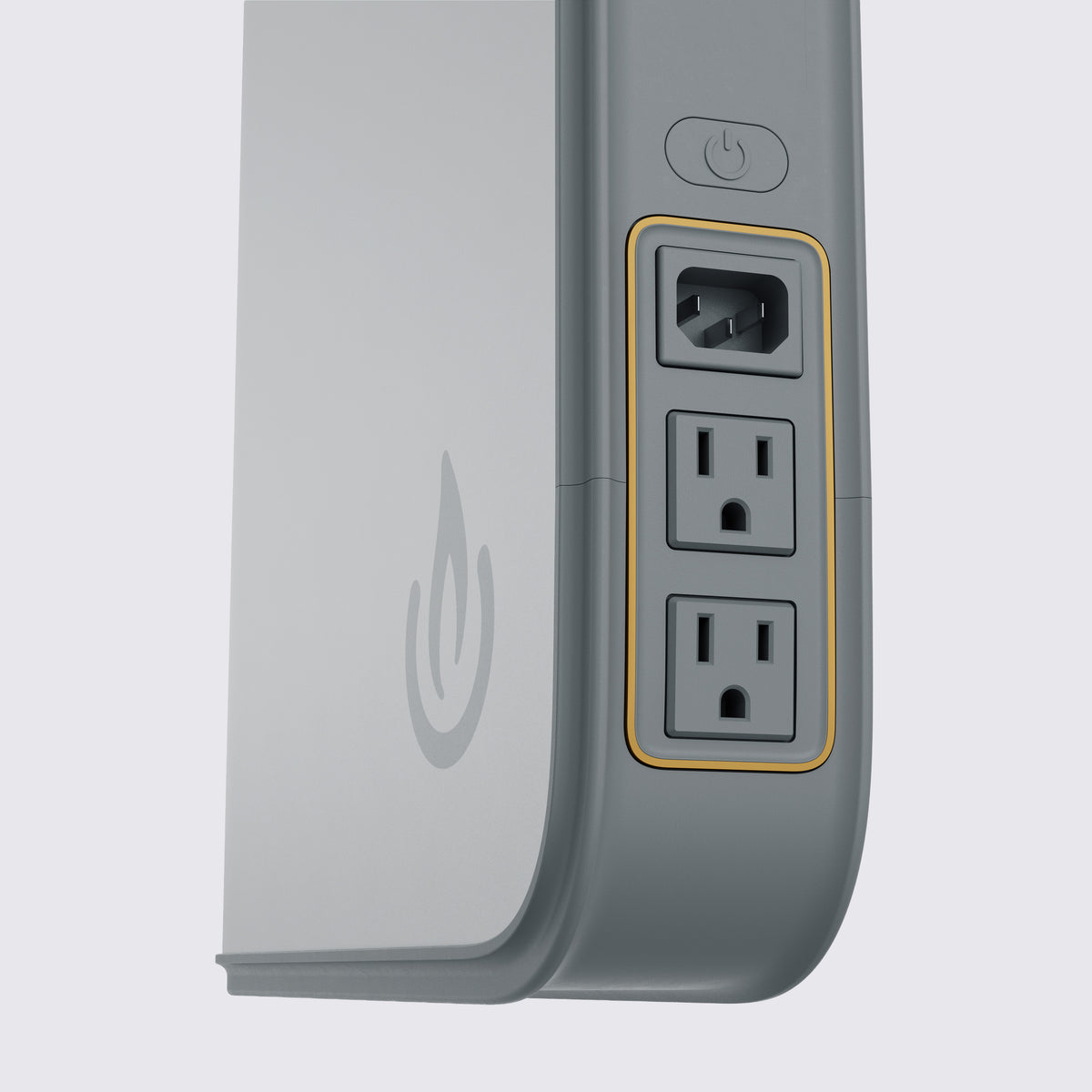 Close-up of the Backup Core fridge battery backup showing three outlets, a power button icon, and a gold accent border on a light gray background.