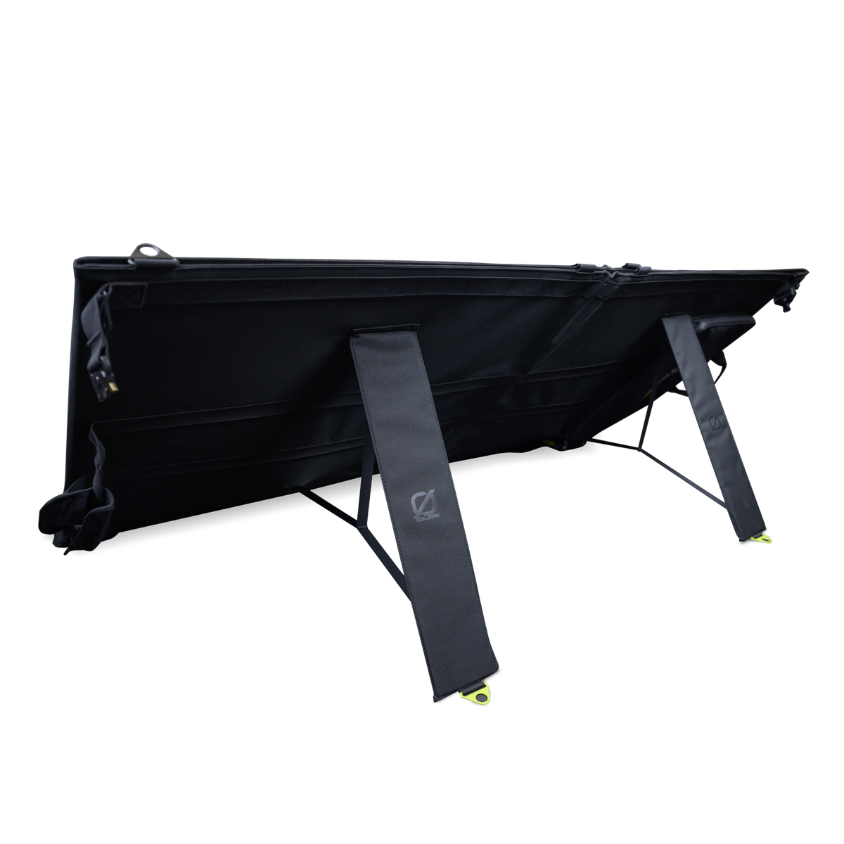 A black portable folding solar panel shown open, with two support stands extended.