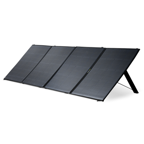 A foldable four-panel solar panel kit with a built-in stand, shown at an angle.