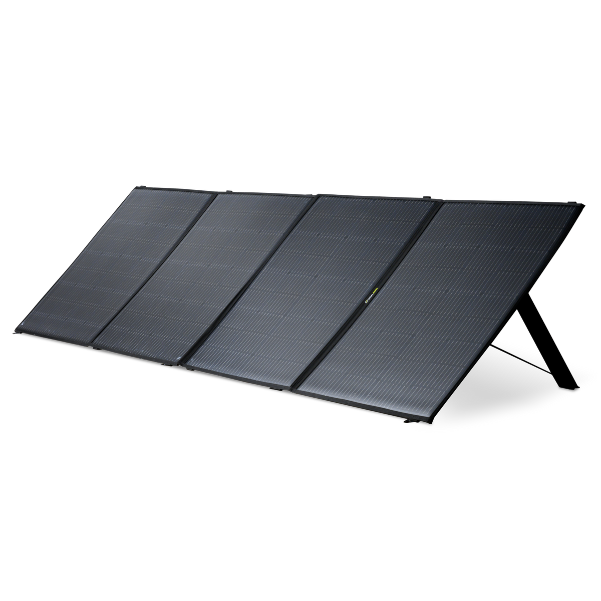 A foldable four-panel solar panel kit with a built-in stand, shown at an angle.
