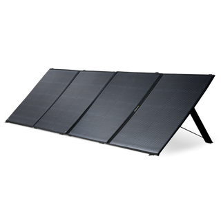 A foldable four-panel solar panel kit with a built-in stand, shown at an angle.