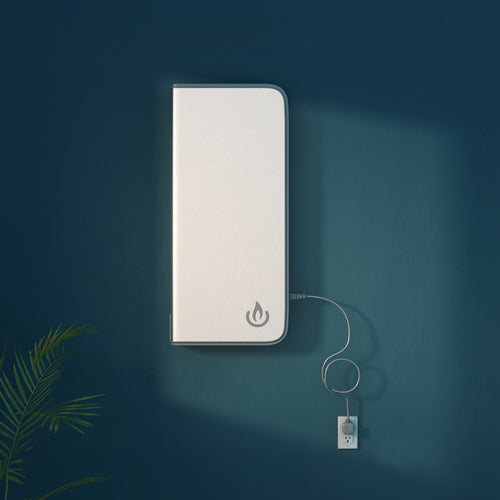 Backup Core, a slim power station with the BioLite logo, shown plugged into a wall outlet with a coiled cable. The power station is mounted on a dark teal wall, with a green palm leaf visible in the lower-left corner.